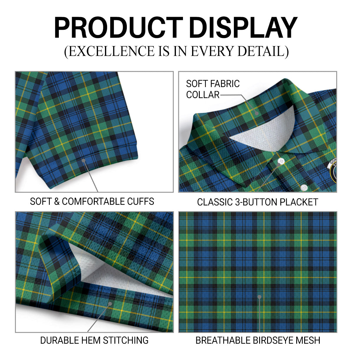 Gordon Ancient Tartan Crest Birdseye Mesh Polo Shirt