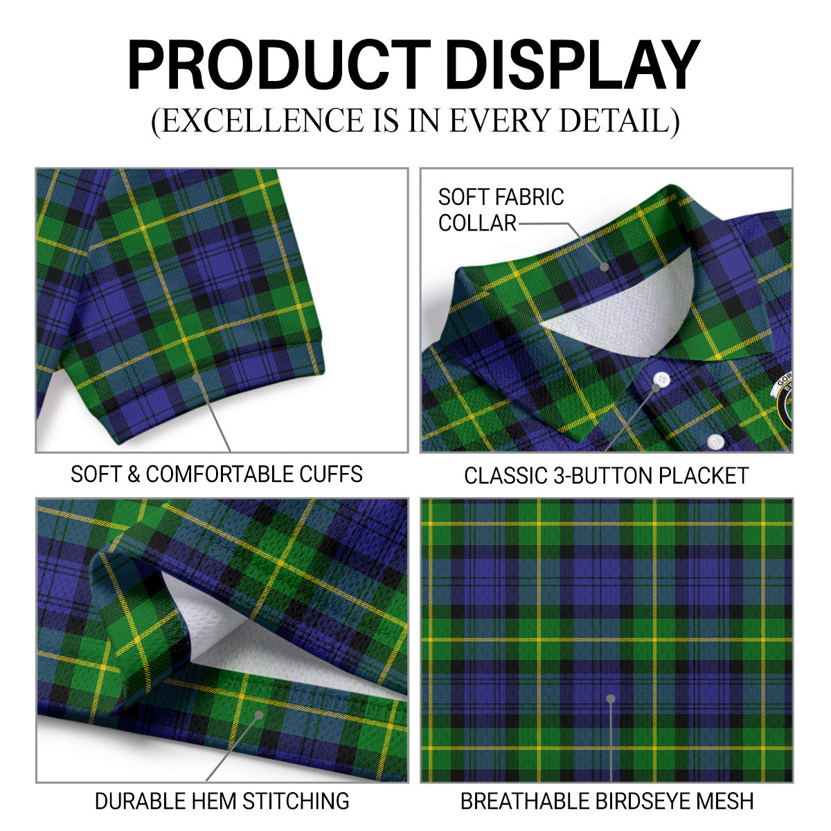 Gordon Modern Tartan Crest Birdseye Mesh Polo Shirt