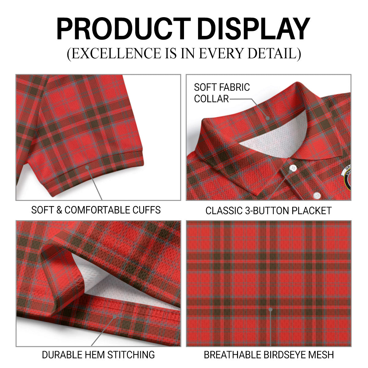 Grant Weathered  Tartan Crest Birdseye Mesh Polo Shirt