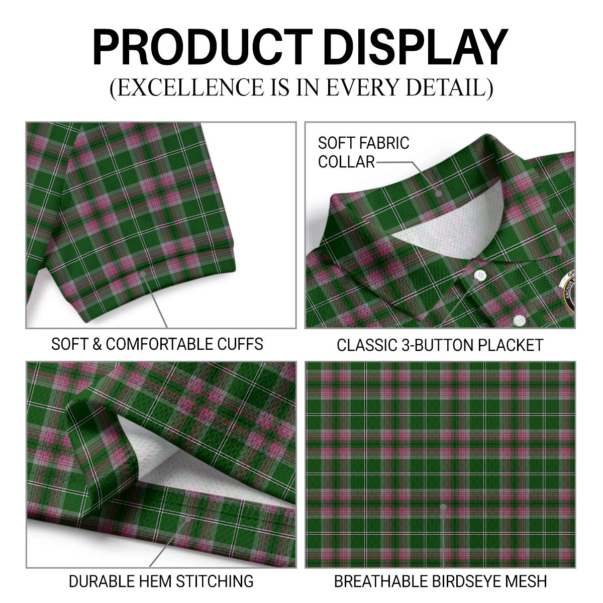 Gray Hunting Tartan Crest Birdseye Mesh Polo Shirt