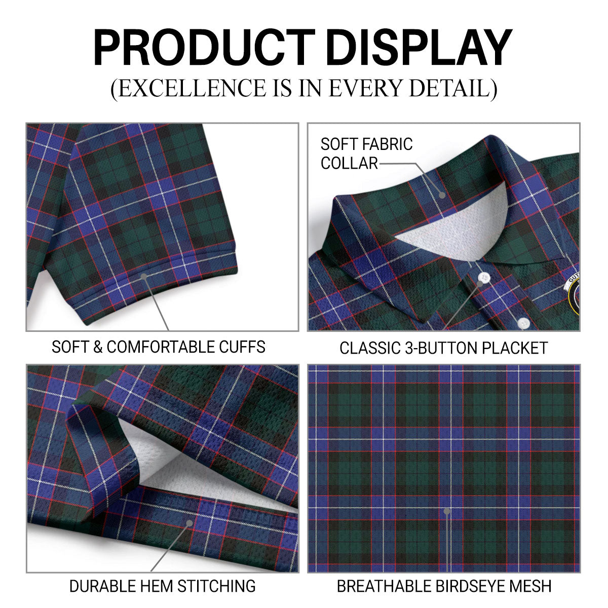 Guthrie Modern Tartan Crest Birdseye Mesh Polo Shirt