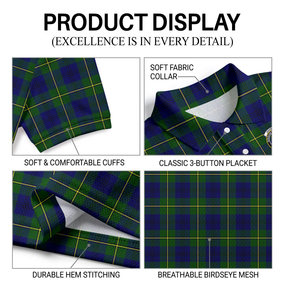 Johnston Modern Tartan Crest Birdseye Mesh Polo Shirt