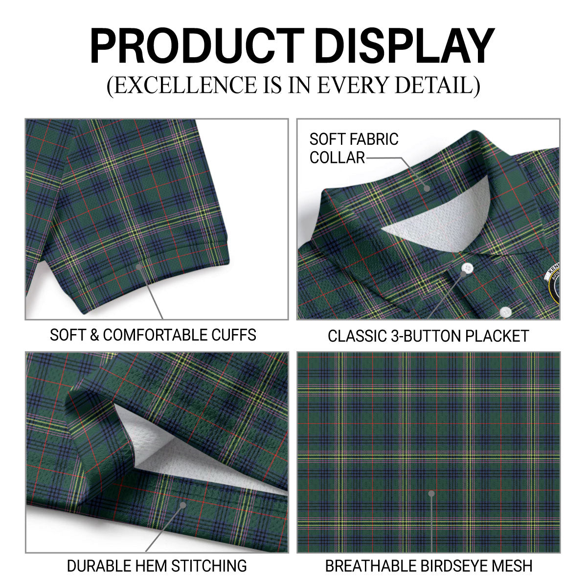 Kennedy Modern Tartan Crest Birdseye Mesh Polo Shirt