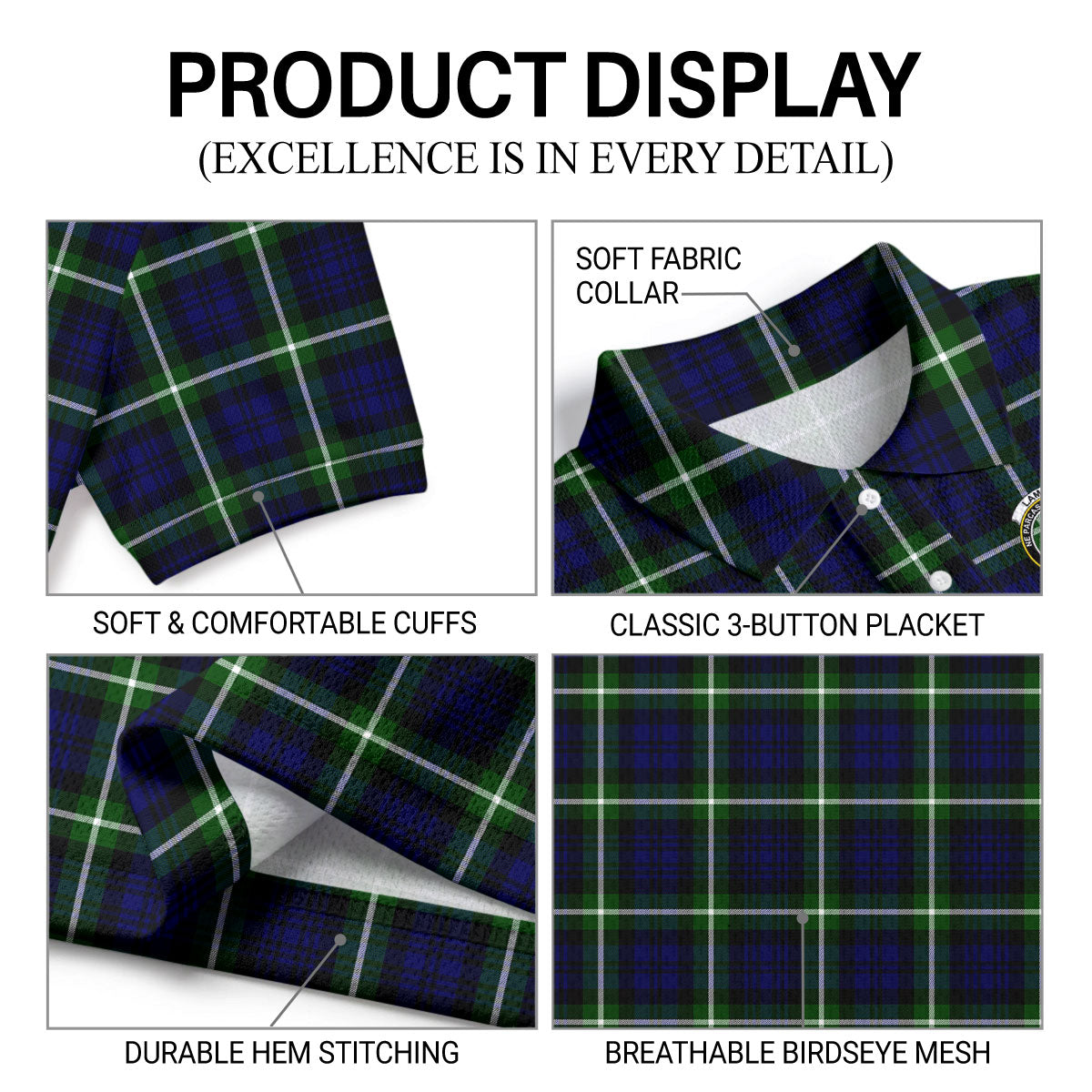 Lamont Modern Tartan Crest Birdseye Mesh Polo Shirt