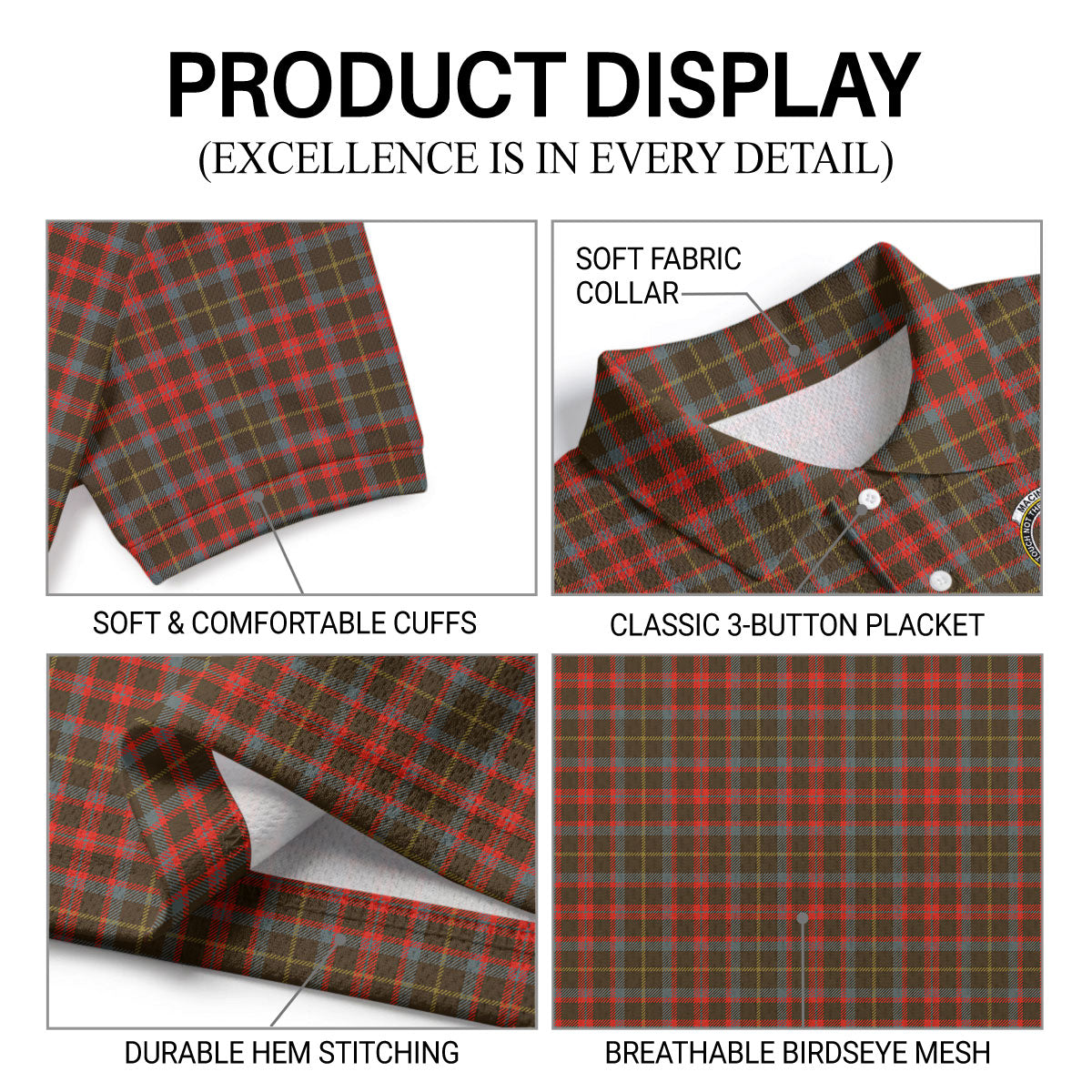 MacIntosh Hunting Weathered Tartan Crest Birdseye Mesh Polo Shirt