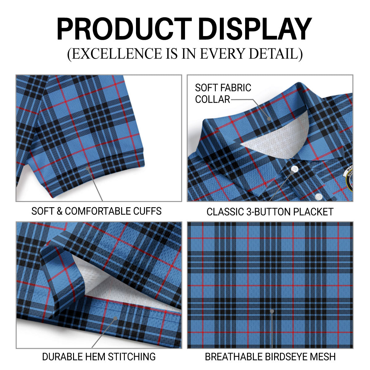 MacKay Blue Tartan Crest Birdseye Mesh Polo Shirt