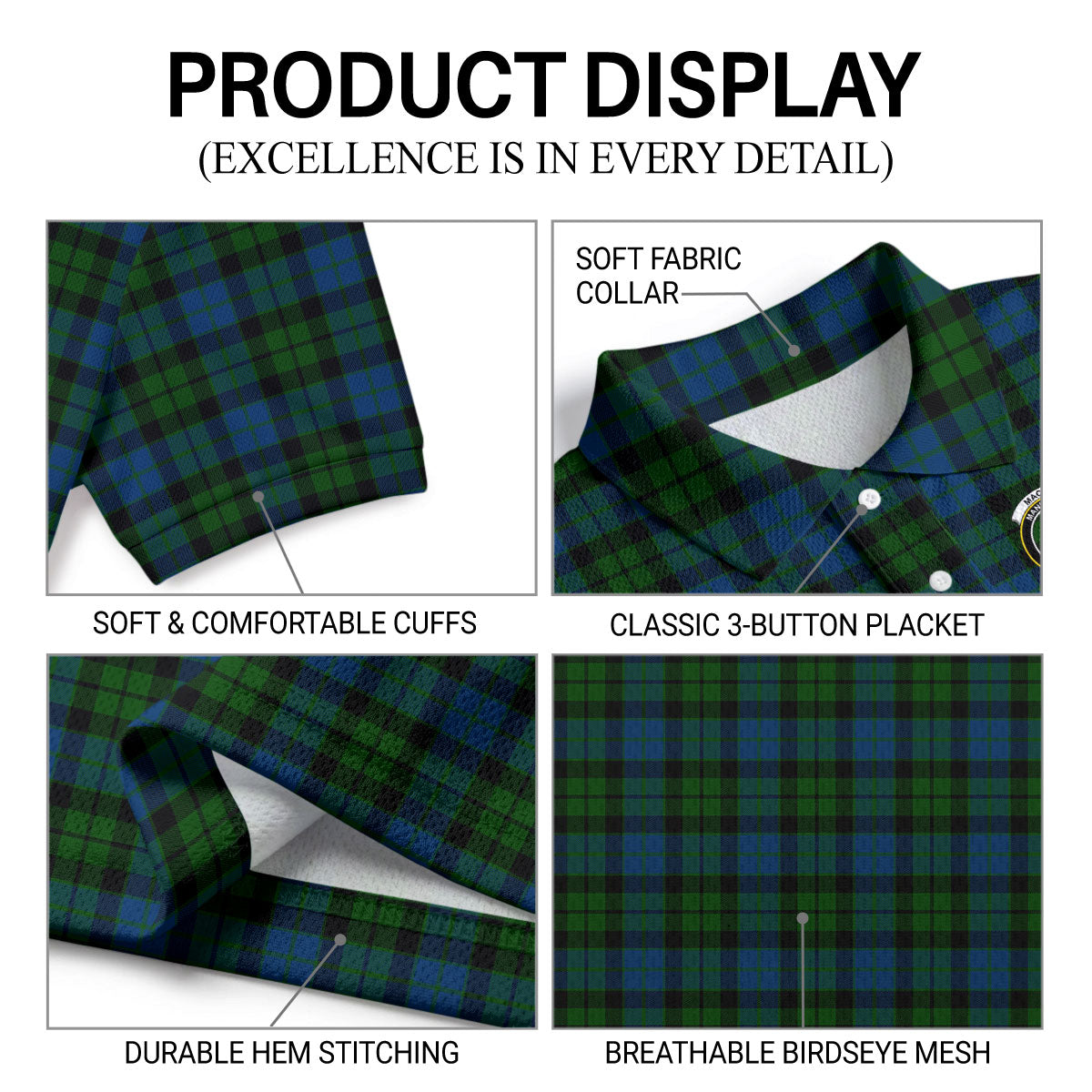 MacKay Modern Tartan Crest Birdseye Mesh Polo Shirt