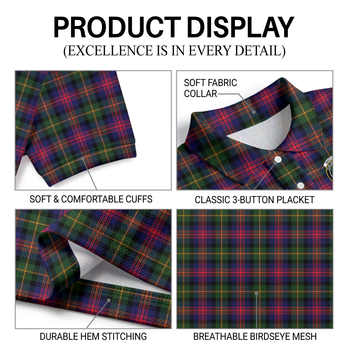 MacLennan Modern Tartan Crest Birdseye Mesh Polo Shirt