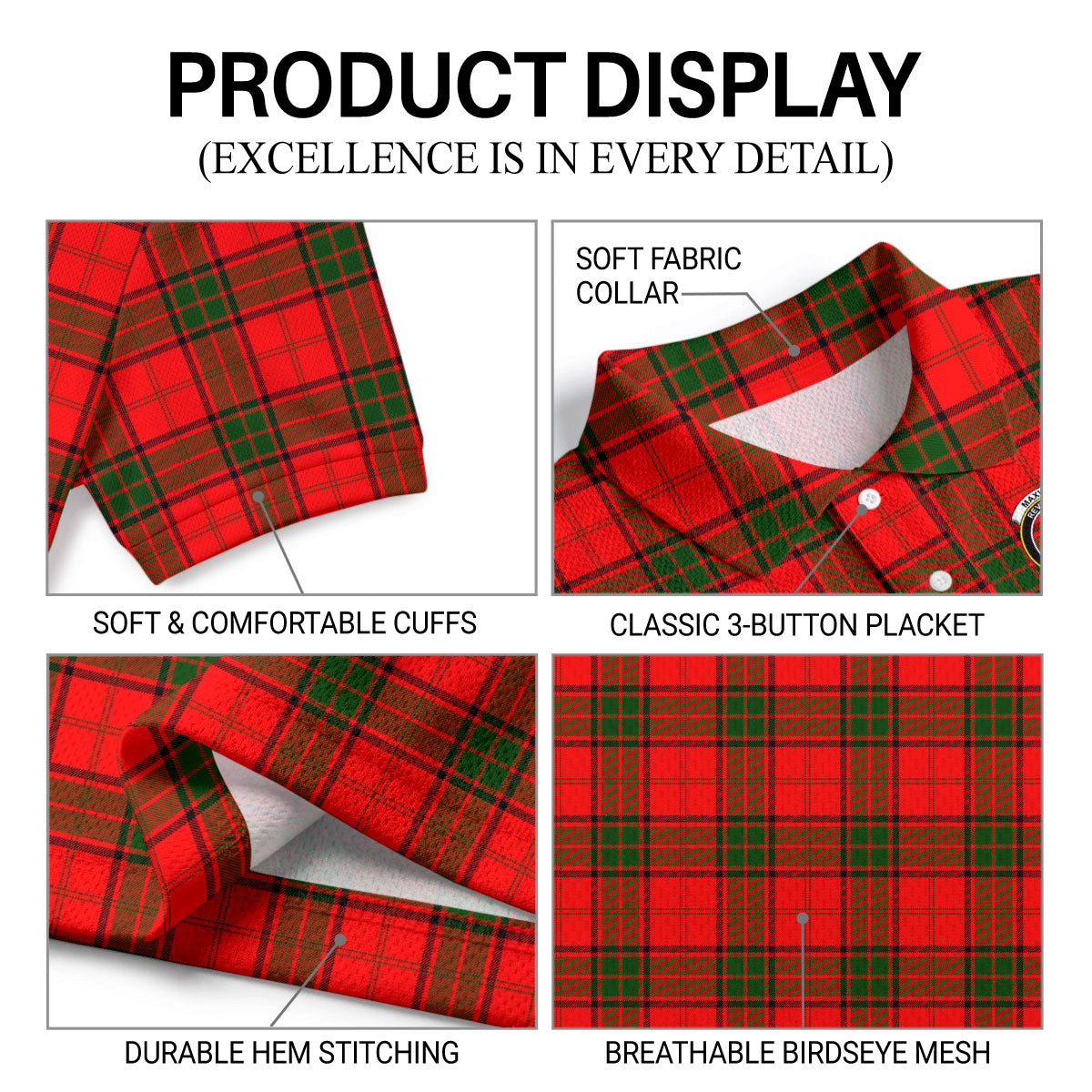 Maxwell Modern Tartan Crest Birdseye Mesh Polo Shirt