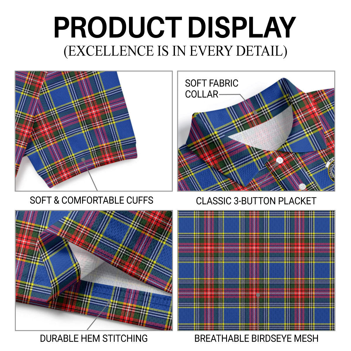 McBeth Modern Tartan Crest Birdseye Mesh Polo Shirt