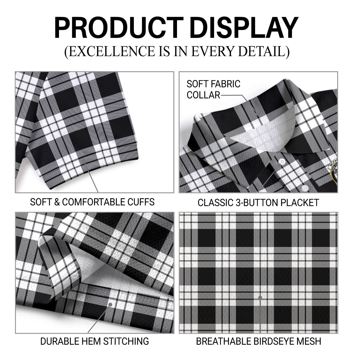 McFarlane Black - White Tartan Crest Birdseye Mesh Polo Shirt