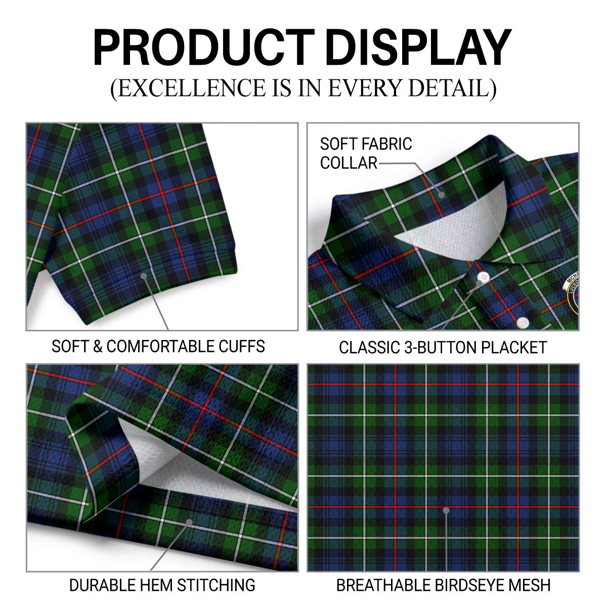 McKenzie Modern Tartan Crest Birdseye Mesh Polo Shirt