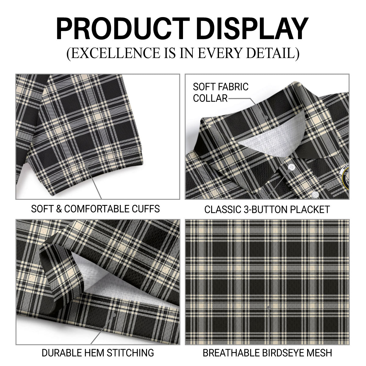 Menzies Black - White Ancient Tartan Crest Birdseye Mesh Polo Shirt