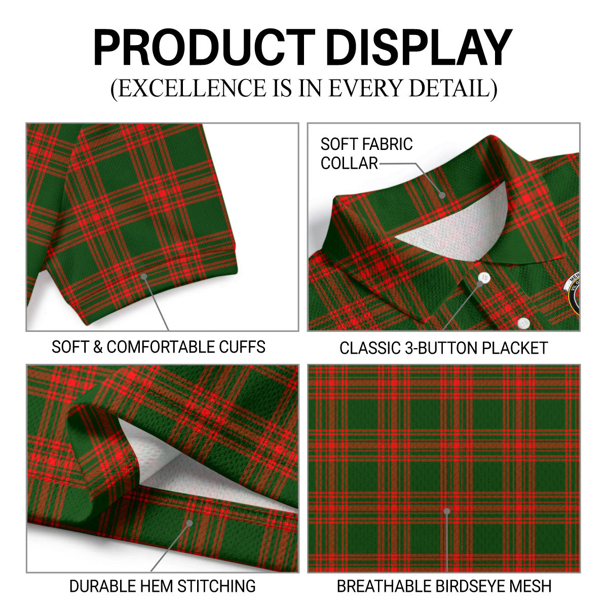Menzies Green Modern Tartan Crest Birdseye Mesh Polo Shirt