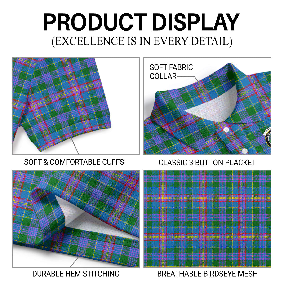 Pitcairn Hunting Tartan Crest Birdseye Mesh Polo Shirt