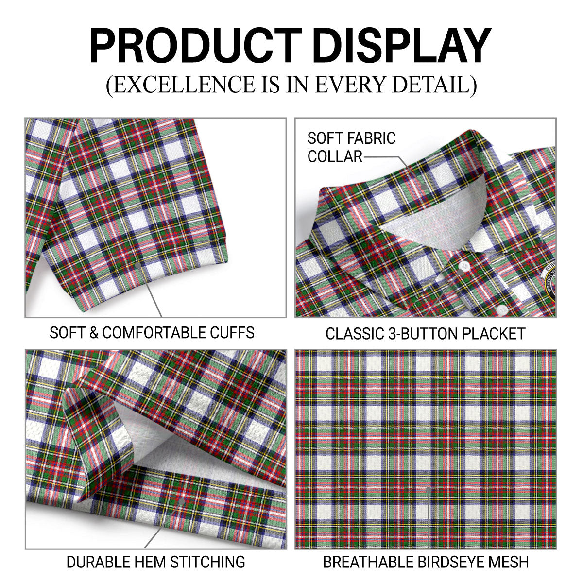Stewart Dress Modern Tartan Crest Birdseye Mesh Polo Shirt