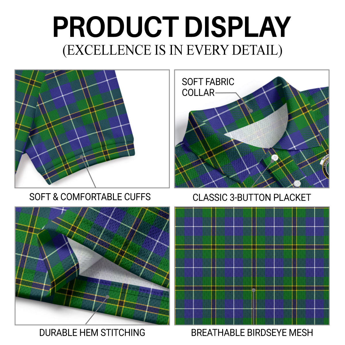 Turnbull Hunting Tartan Crest Birdseye Mesh Polo Shirt