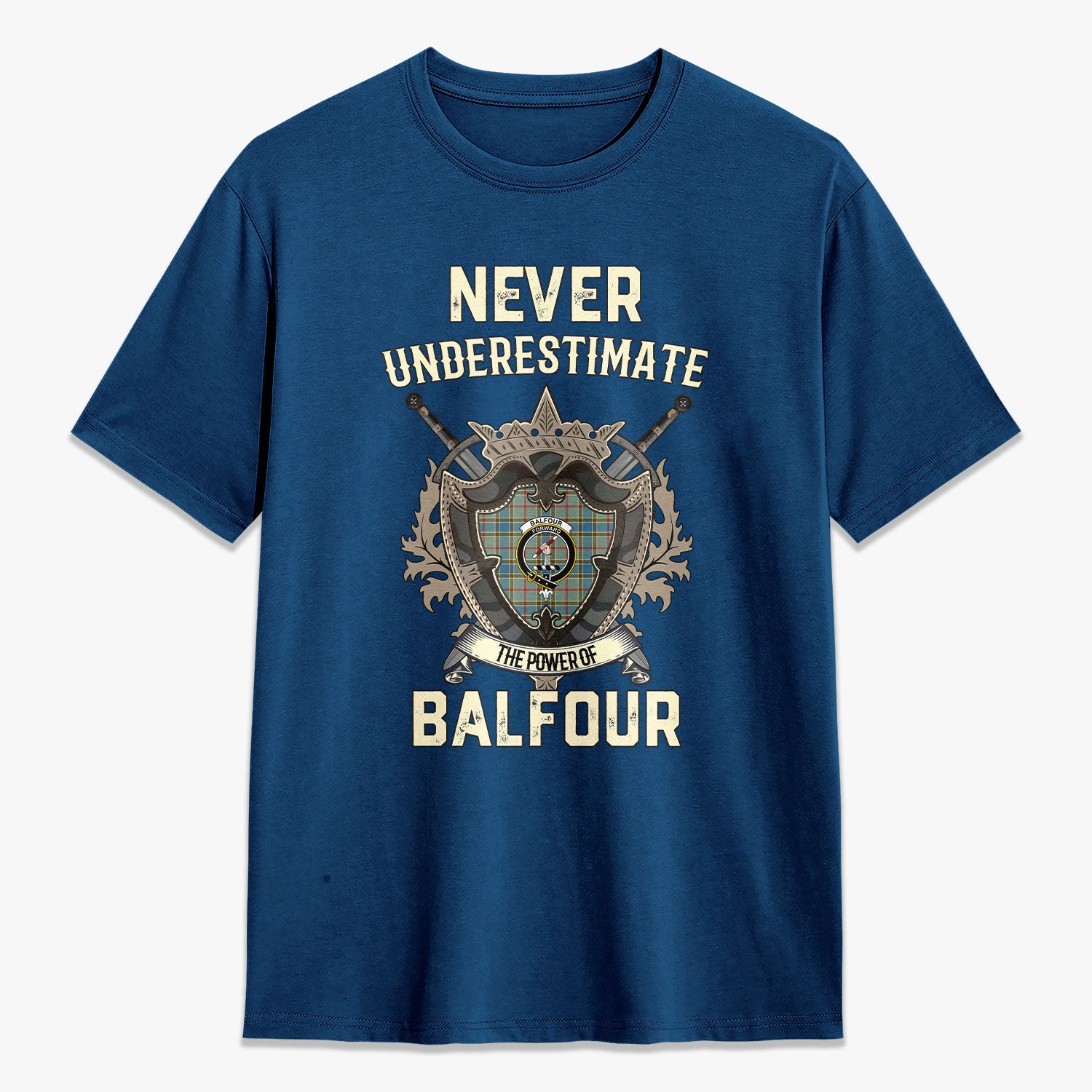 Balfour Blue Tartan Crest 2D T-shirt - Never Underestimate Style