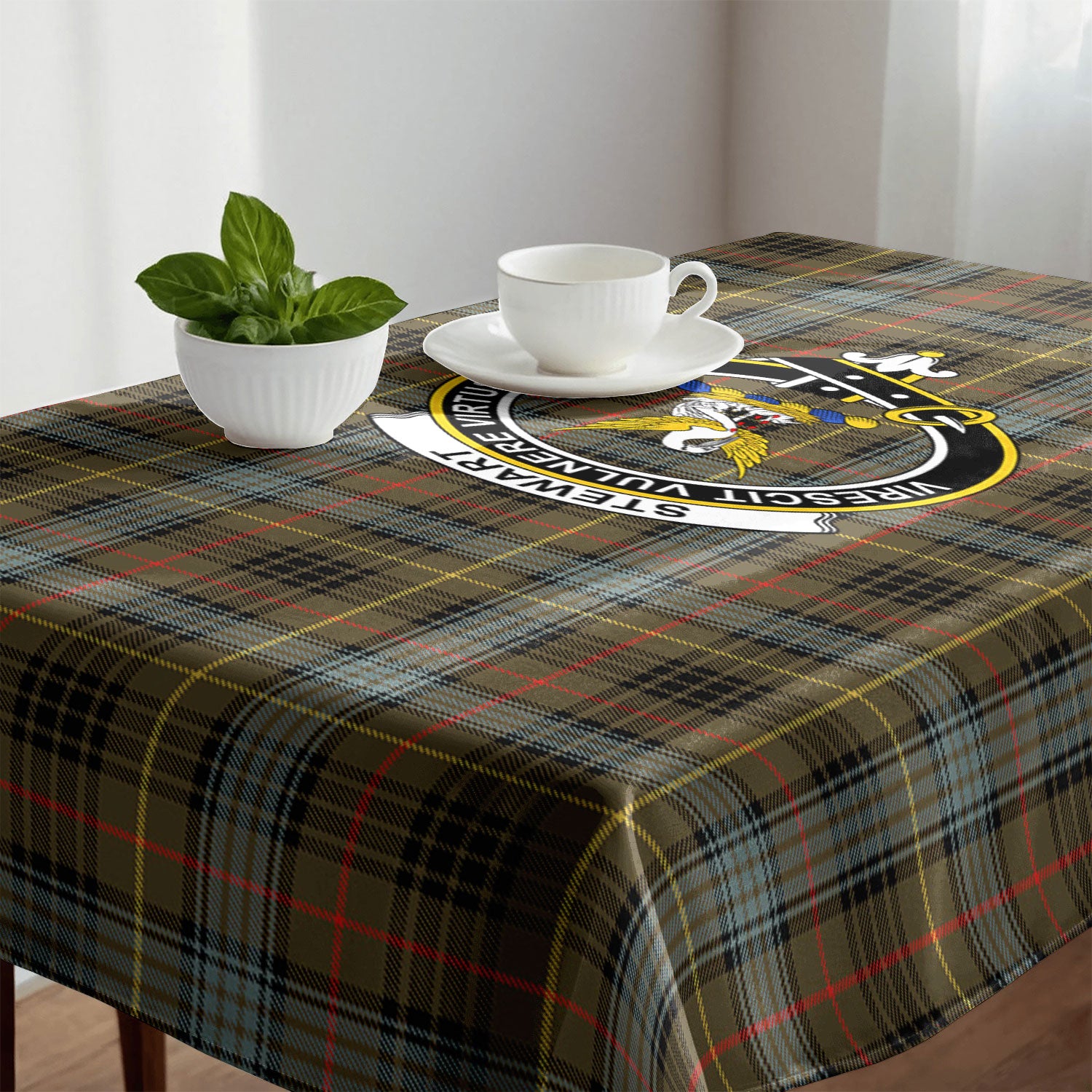 Stewart Hunting Weathered Tartan Crest Tablecloth