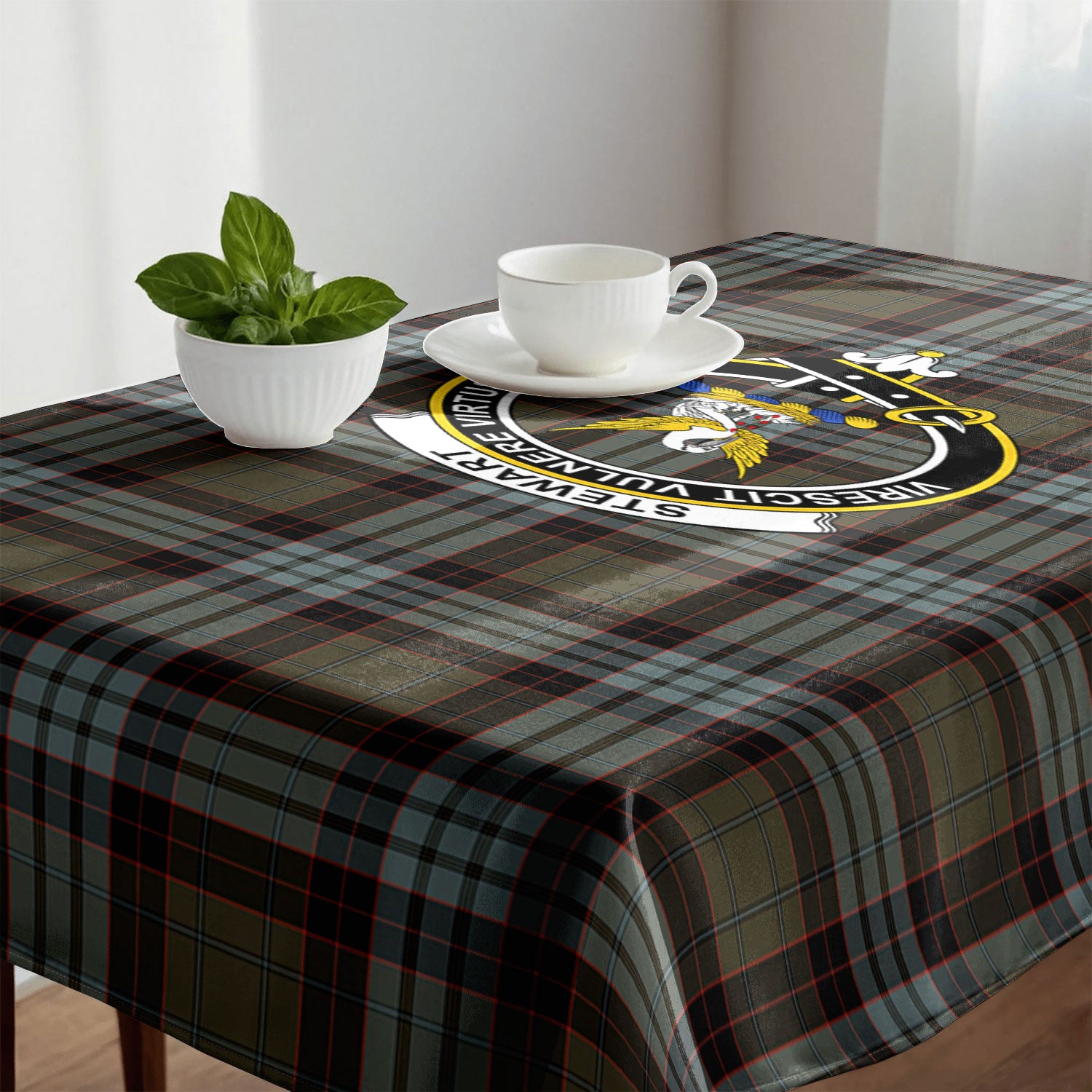 Stewart Old Weathered Tartan Crest Tablecloth