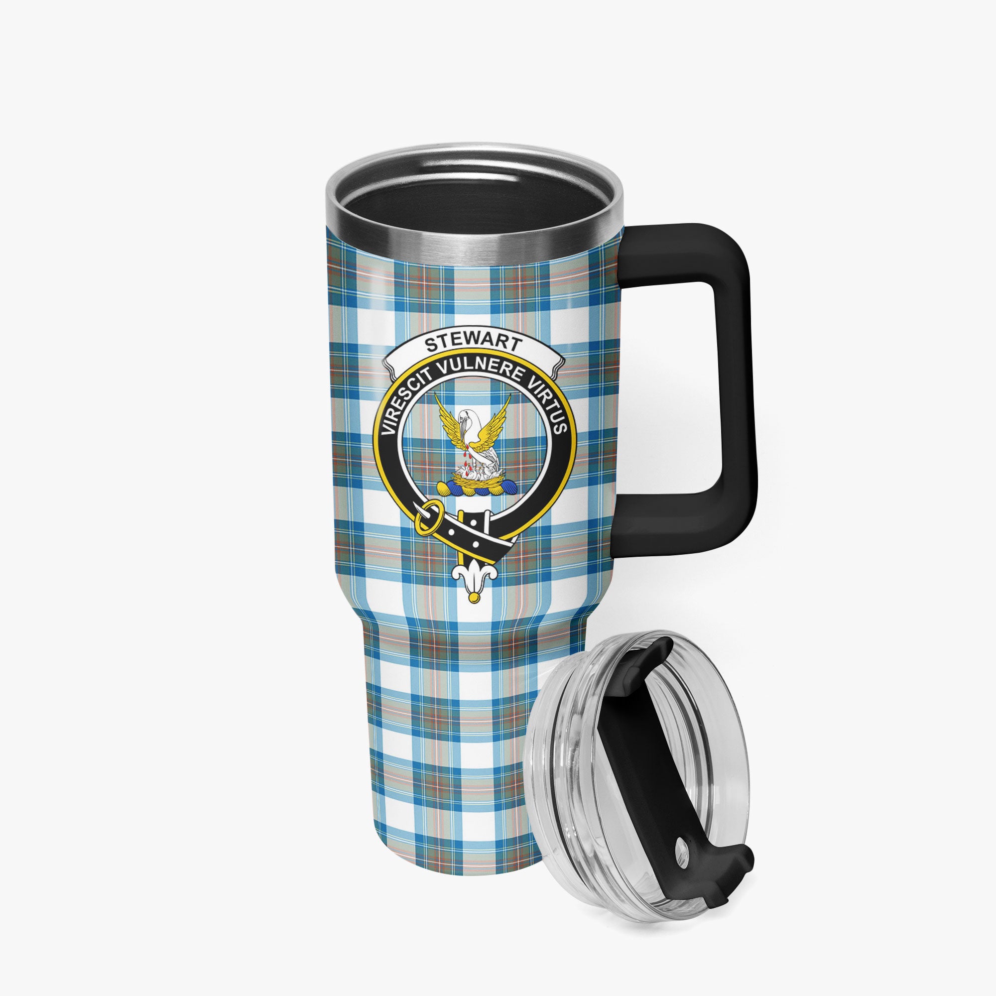 Stewart Muted Blue Tartan Crest 40 oz Insulated Tumbler with Handle
