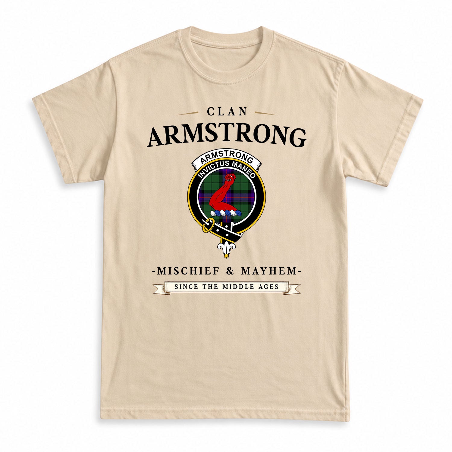 Armstrong Modern Tartan Crest Mischief and Mayhem T-shirt