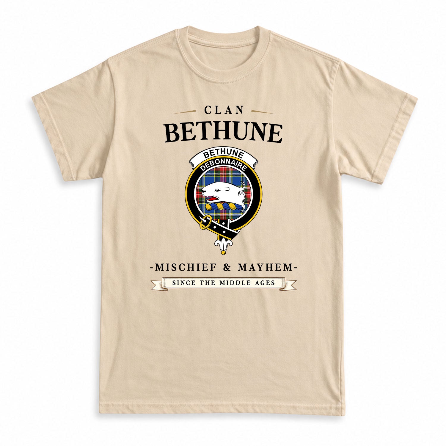 Bethune Modern Tartan Crest Mischief and Mayhem T-shirt
