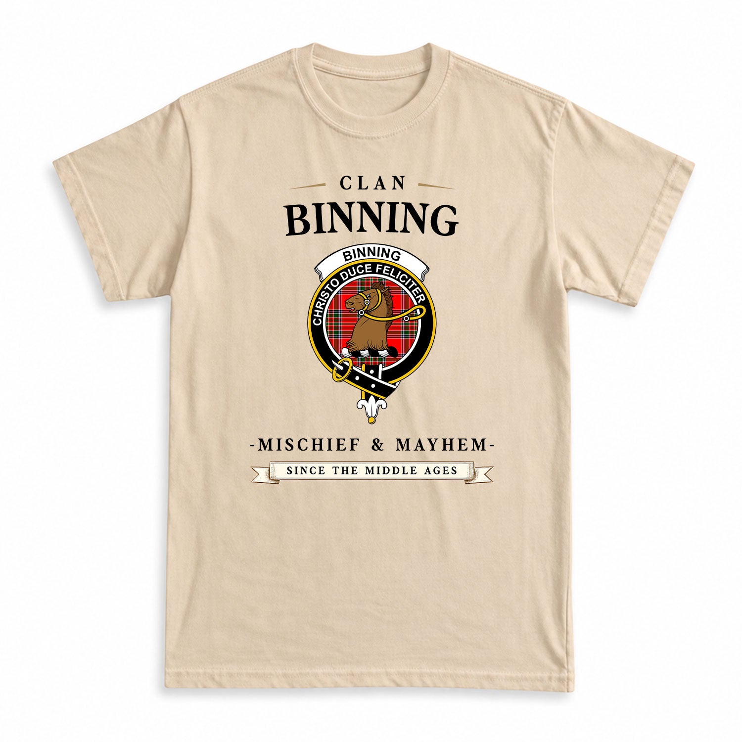 Binning (of Wallifoord) Tartan Crest Mischief and Mayhem T-shirt