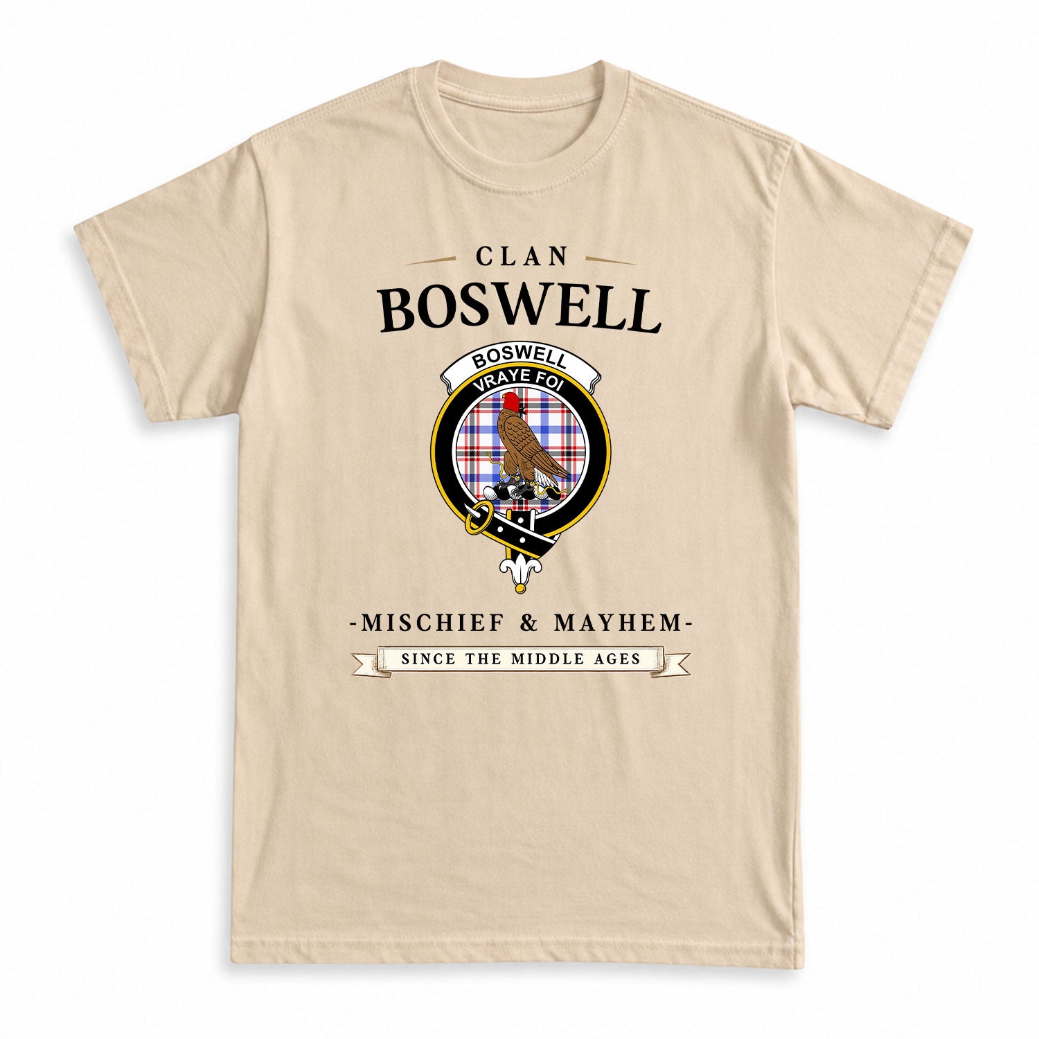 Boswell Modern Tartan Crest Mischief and Mayhem T-shirt