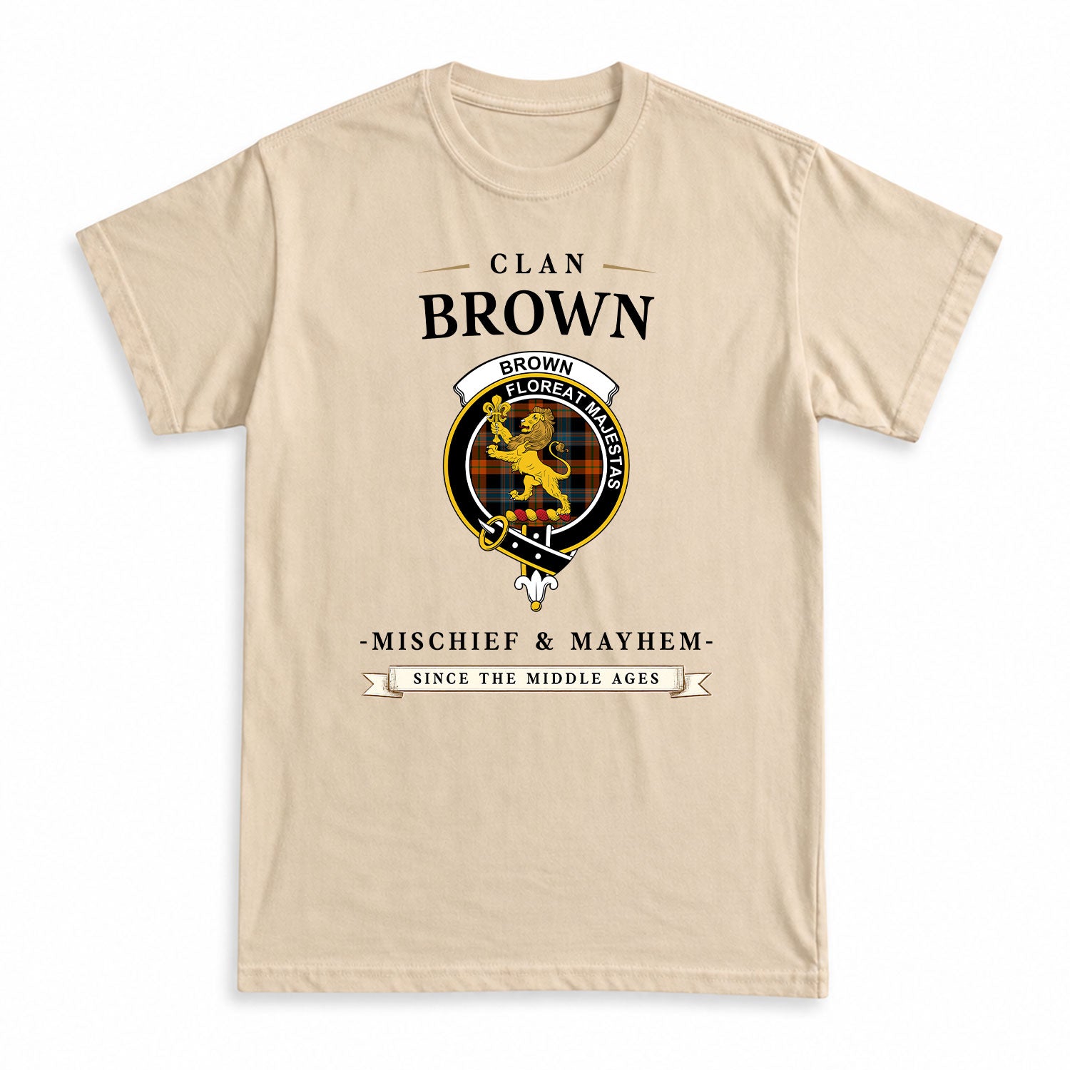 Brown Ancient Tartan Crest Mischief and Mayhem T-shirt