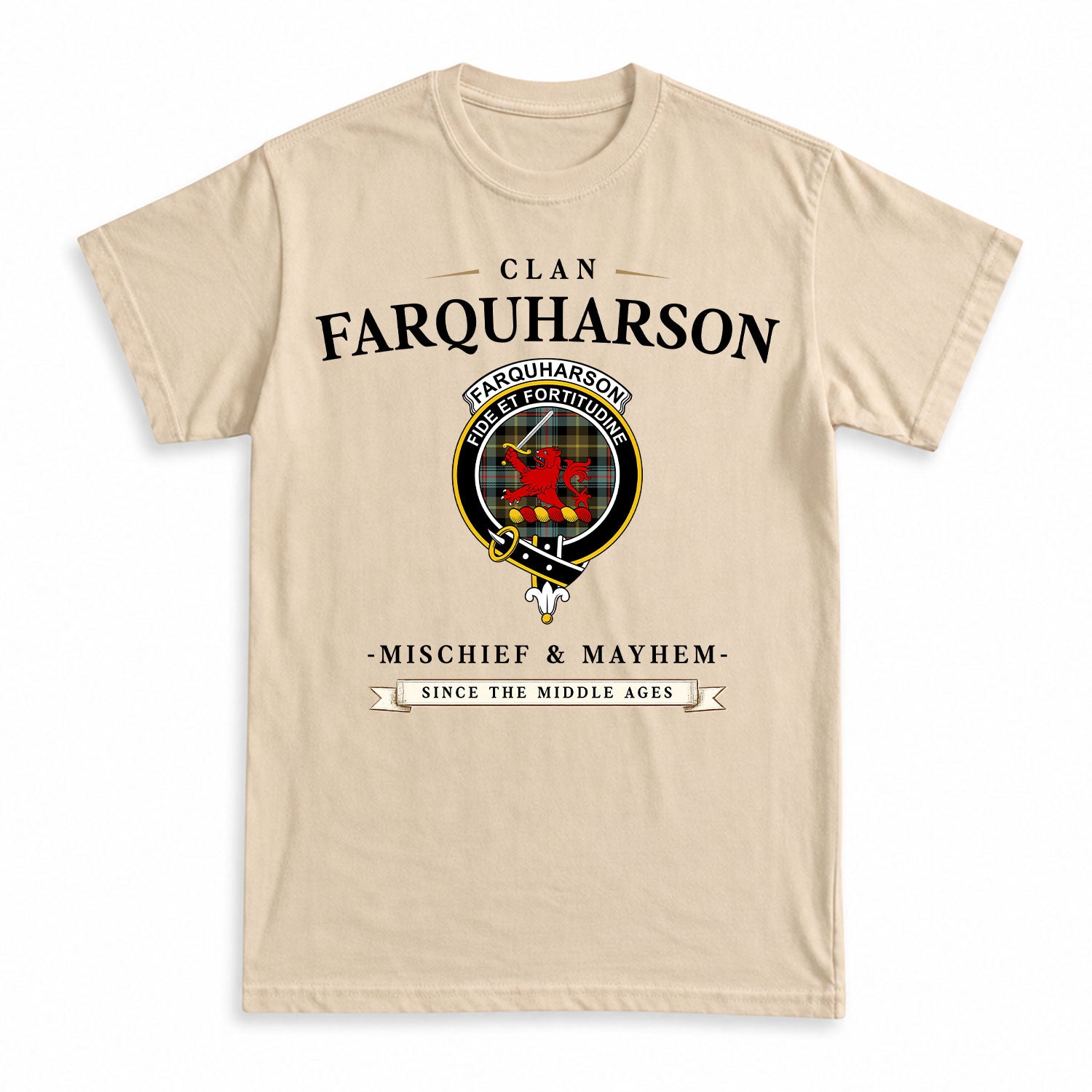 Farquharson Weathered Tartan Crest Mischief and Mayhem T-shirt