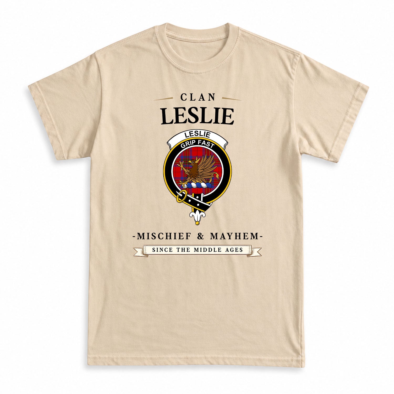 Leslie Modern Tartan Crest Mischief and Mayhem T-shirt