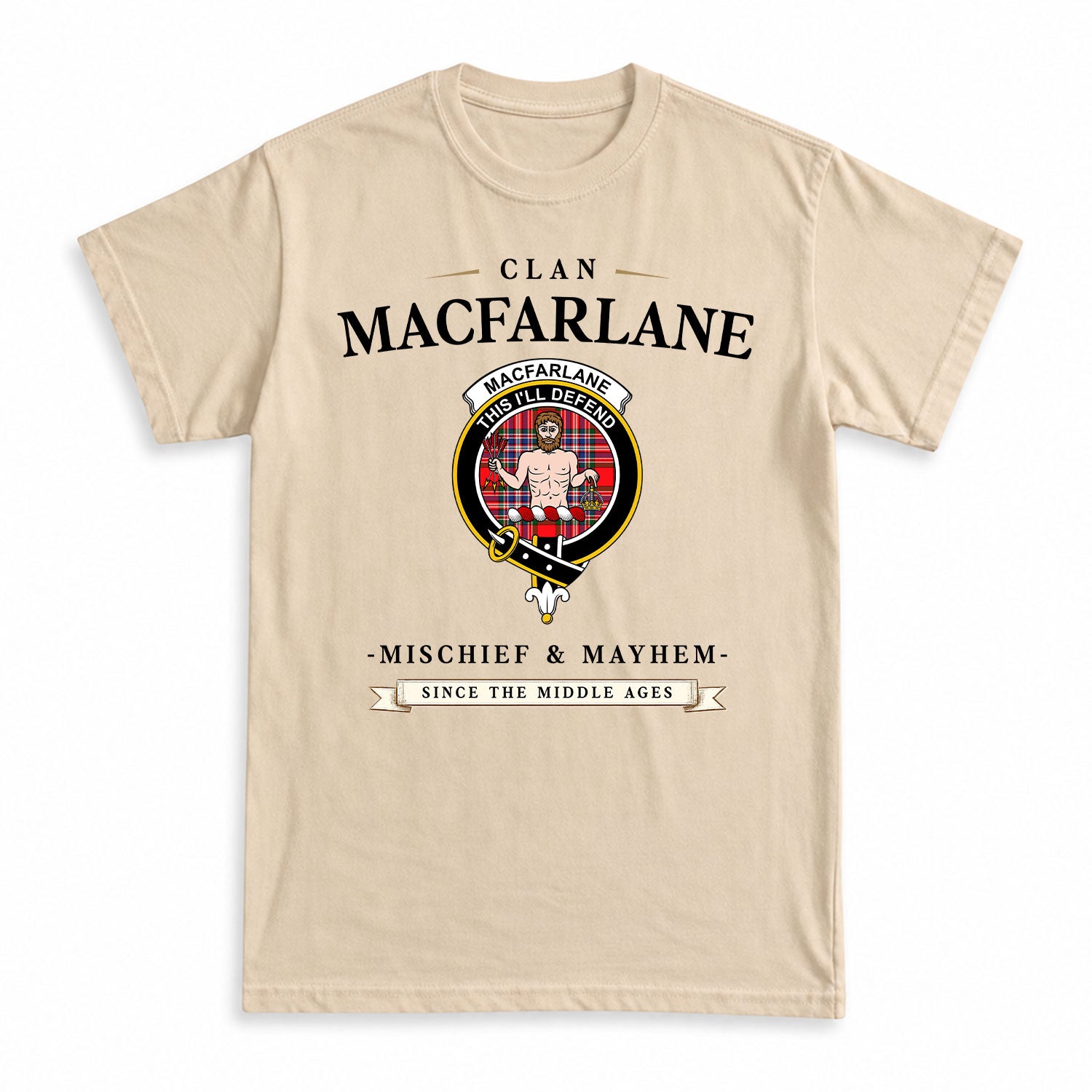 MacFarlane Modern Tartan Crest Mischief and Mayhem T-shirt