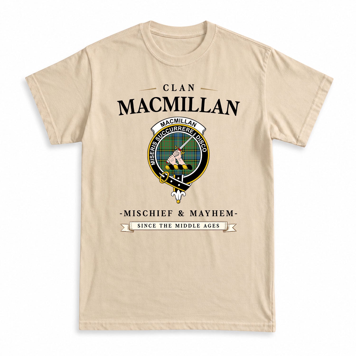 MacMillan Hunting Ancient Tartan Crest Mischief and Mayhem T-shirt