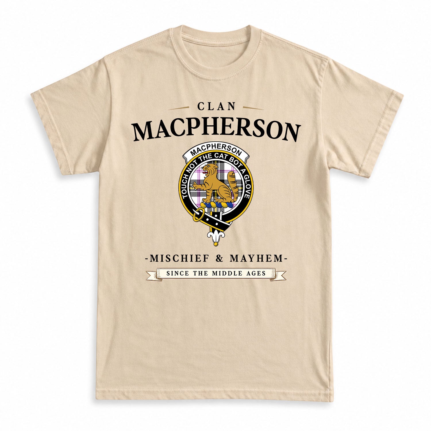 MacPherson Dress Modern Tartan Crest Mischief and Mayhem T-shirt