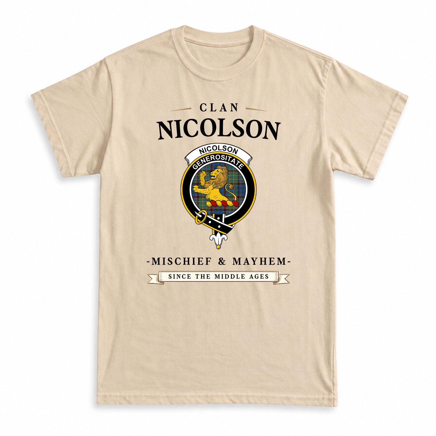 Nicolson Hunting Ancient Tartan Crest Mischief and Mayhem T-shirt