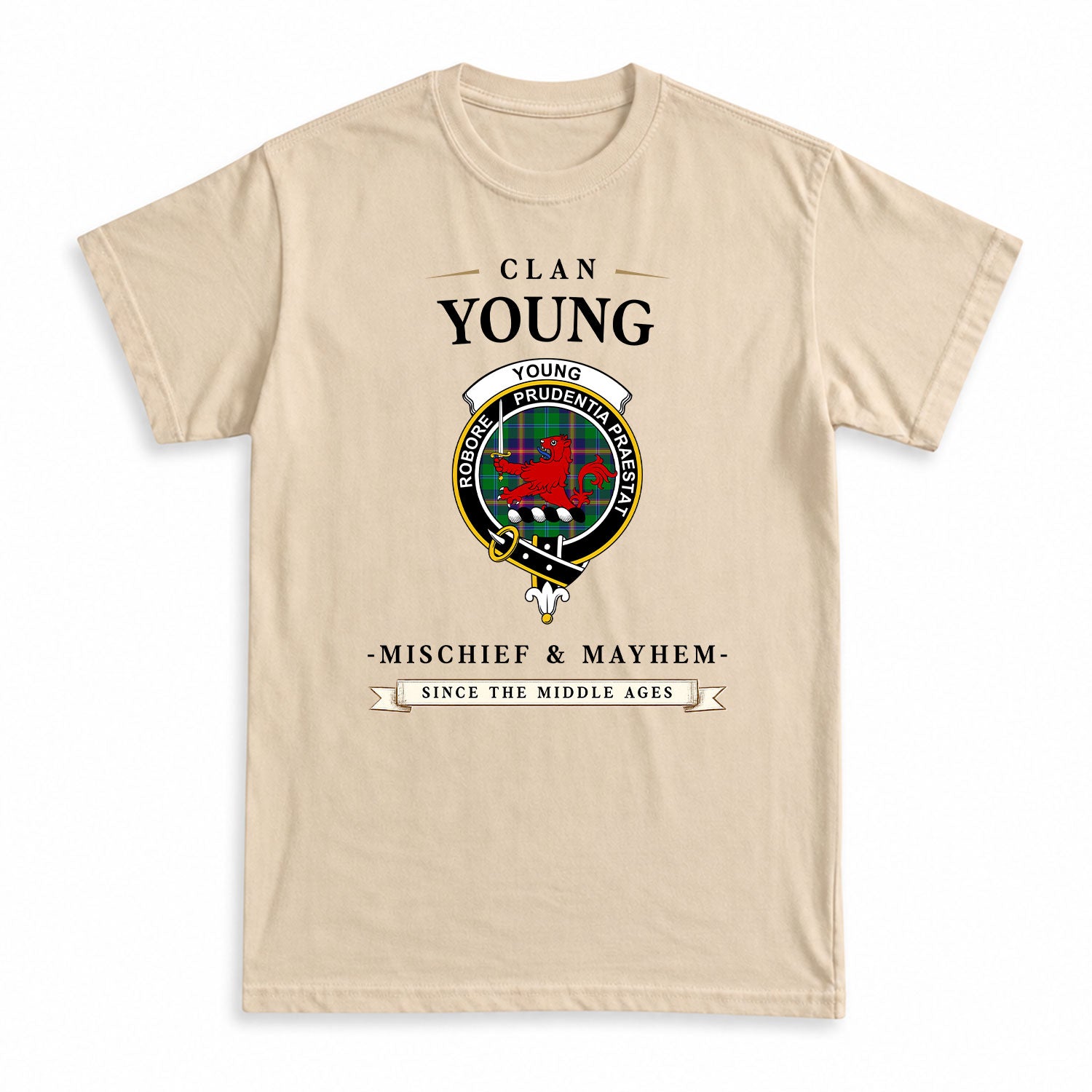 Young Modern Tartan Crest Mischief and Mayhem T-shirt