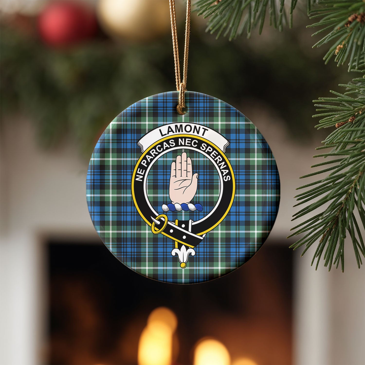 Lamont Ancient Tartan Crest Christmas Ceramic Ornament