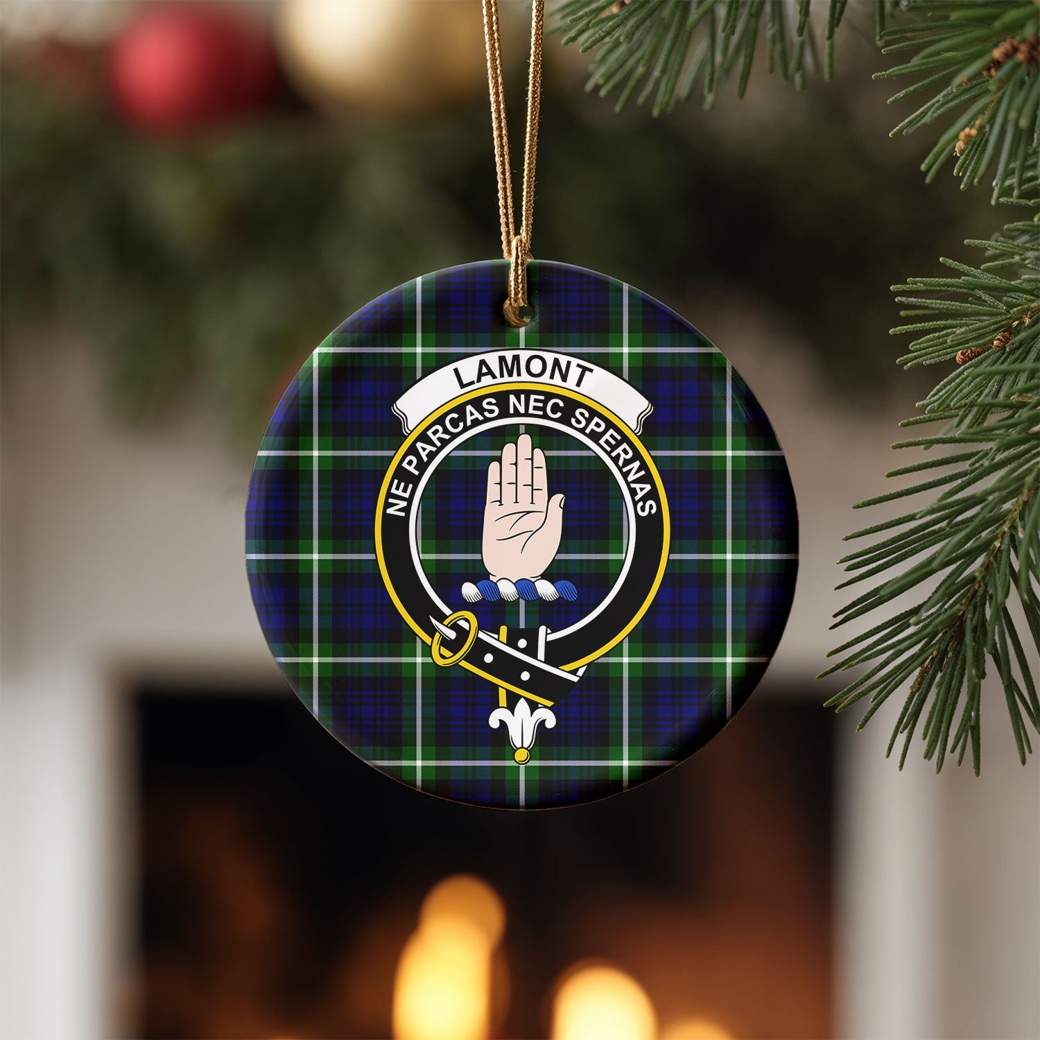 Lamont Modern Tartan Crest Christmas Ceramic Ornament