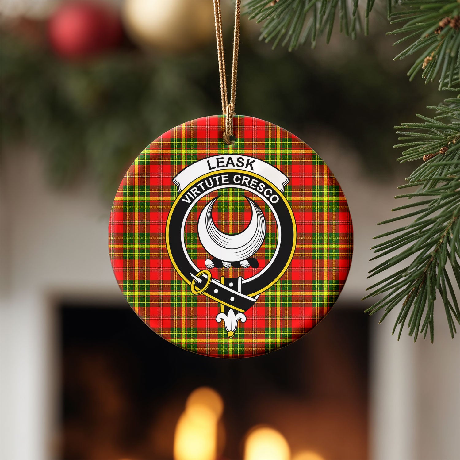 Leask Tartan Crest Christmas Ceramic Ornament