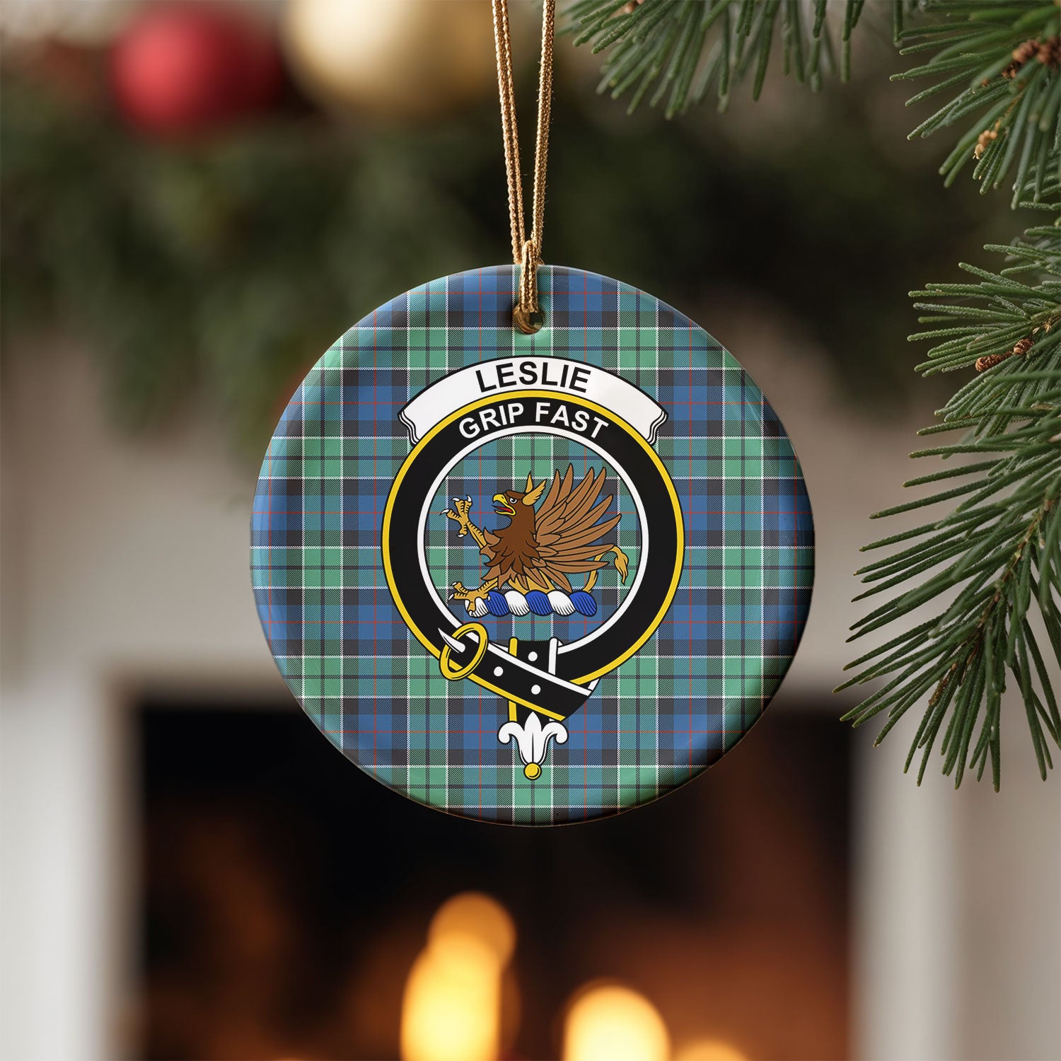 Leslie Hunting Ancient Tartan Crest Christmas Ceramic Ornament