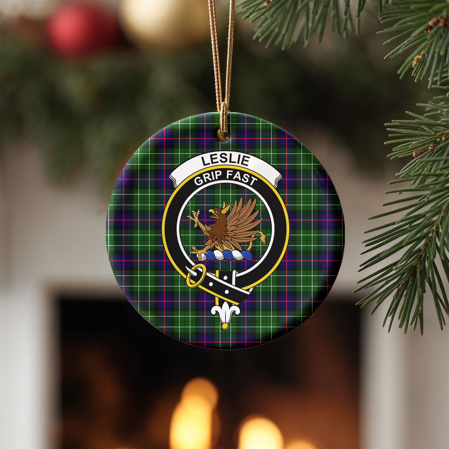 Leslie Hunting Tartan Crest Christmas Ceramic Ornament
