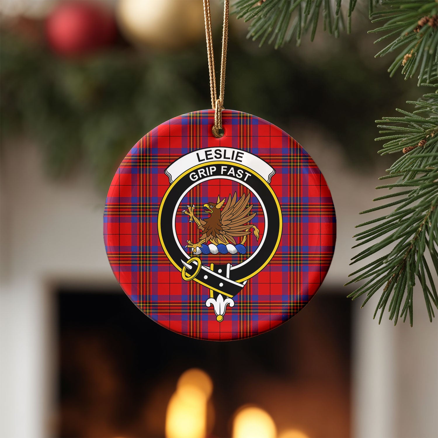 Leslie Modern Tartan Crest Christmas Ceramic Ornament