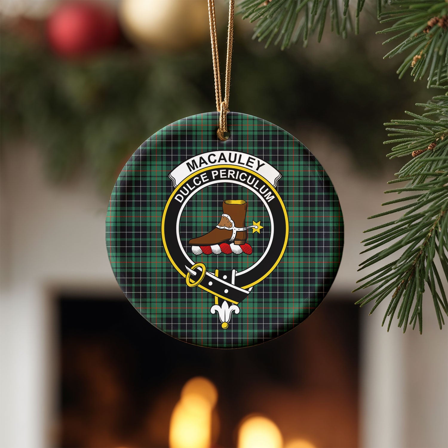 MacAuley Hunting Ancient Tartan Crest Christmas Ceramic Ornament