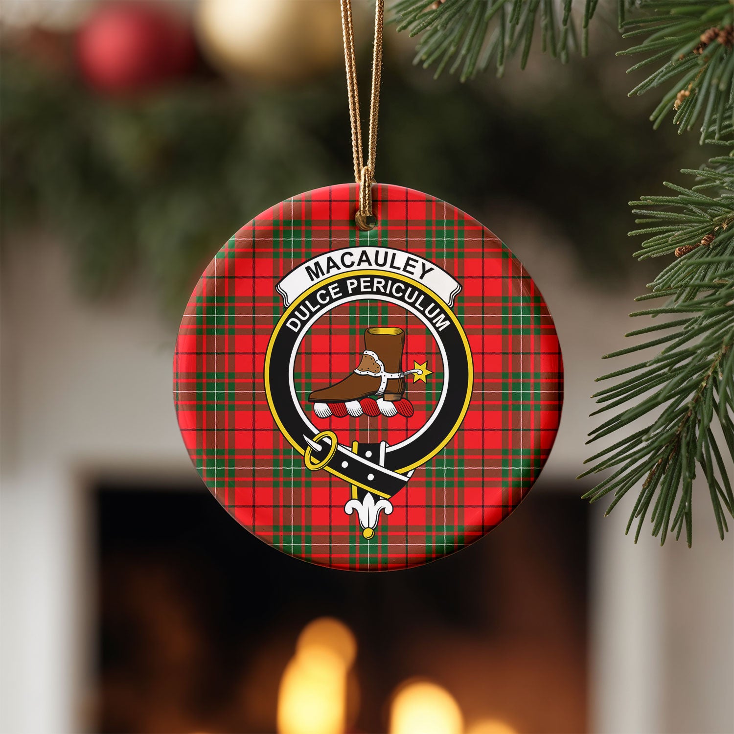 MacAuley Modern Tartan Crest Christmas Ceramic Ornament