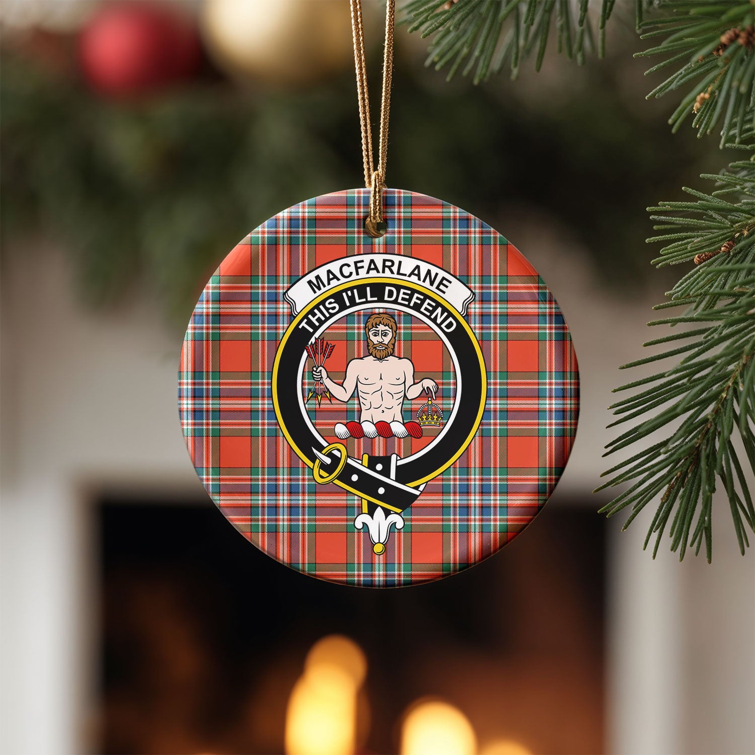 MacFarlane Ancient Tartan Crest Christmas Ceramic Ornament