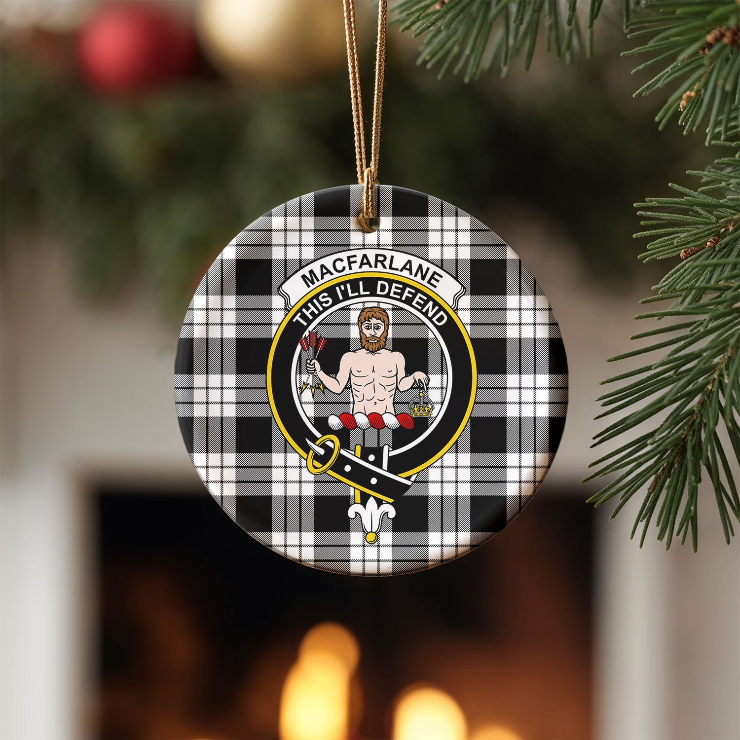 MacFarlane Black - White Tartan Crest Christmas Ceramic Ornament