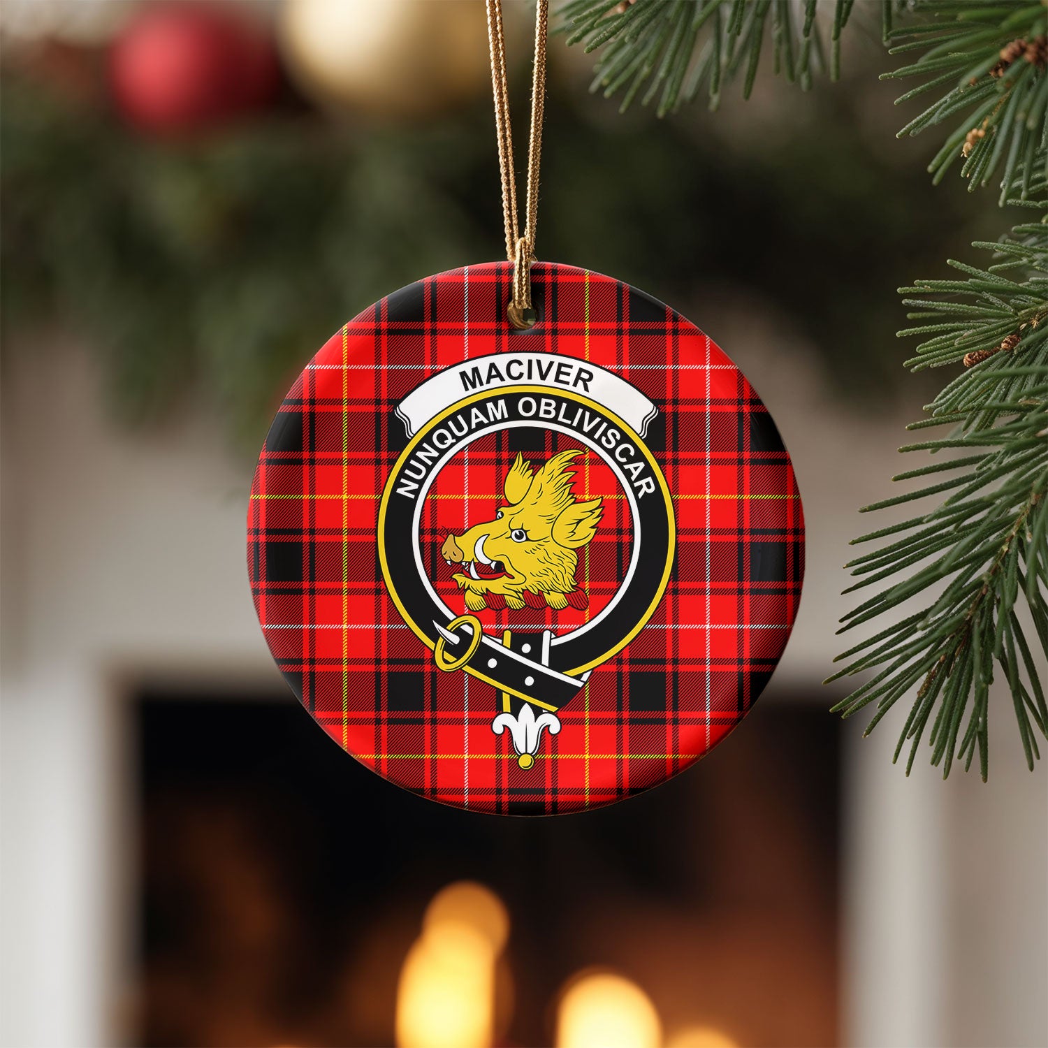 MacIver Modern Tartan Crest Christmas Ceramic Ornament
