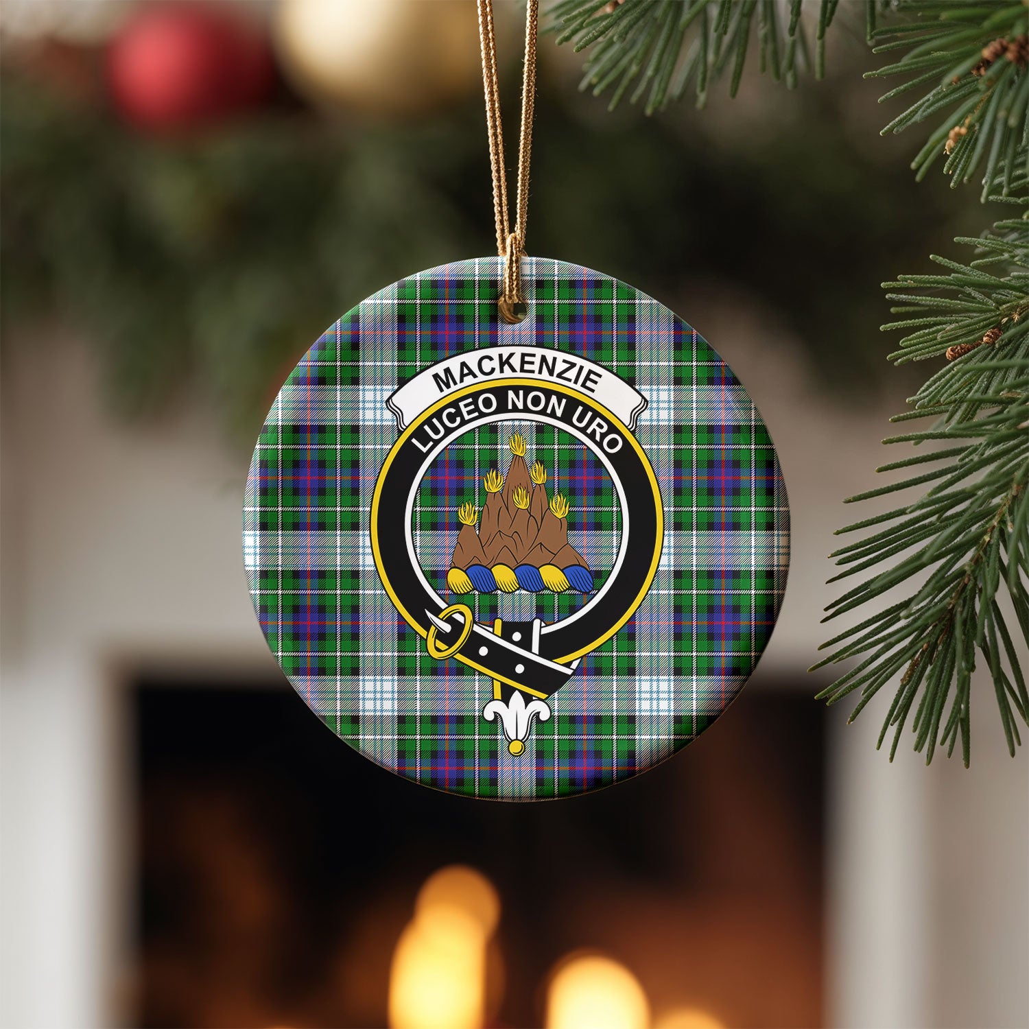 MacKenzie Dress Modern Tartan Crest Christmas Ceramic Ornament