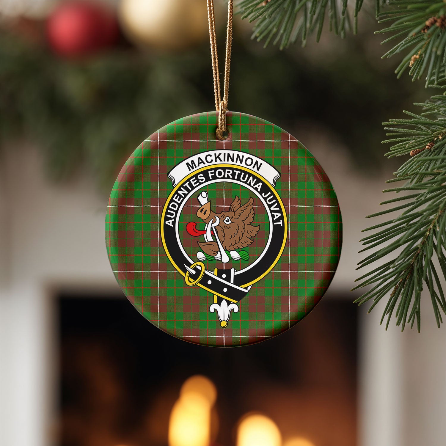 MacKinnon Hunting Modern Tartan Crest Christmas Ceramic Ornament